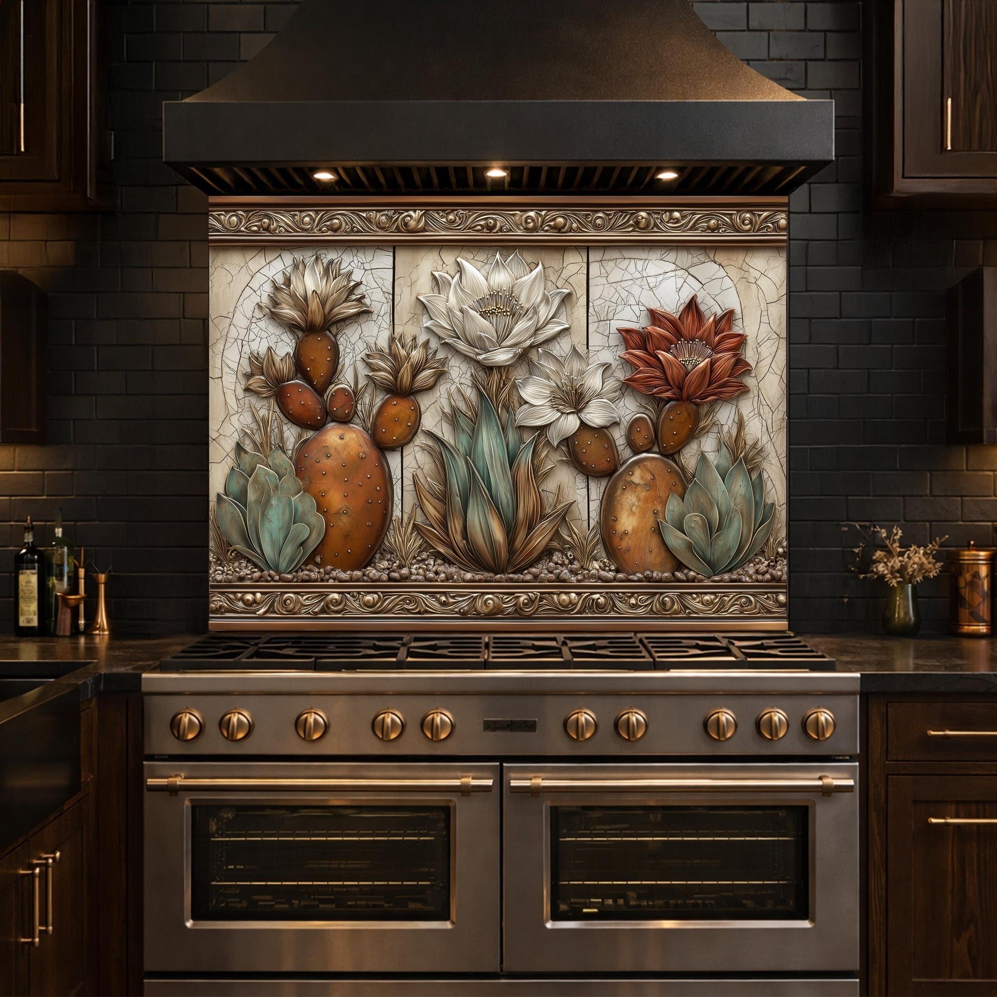 Desert Oasis Tempered Glass Backsplash, Copper Look Saguaro Cactus Wall Panel, Custom Size