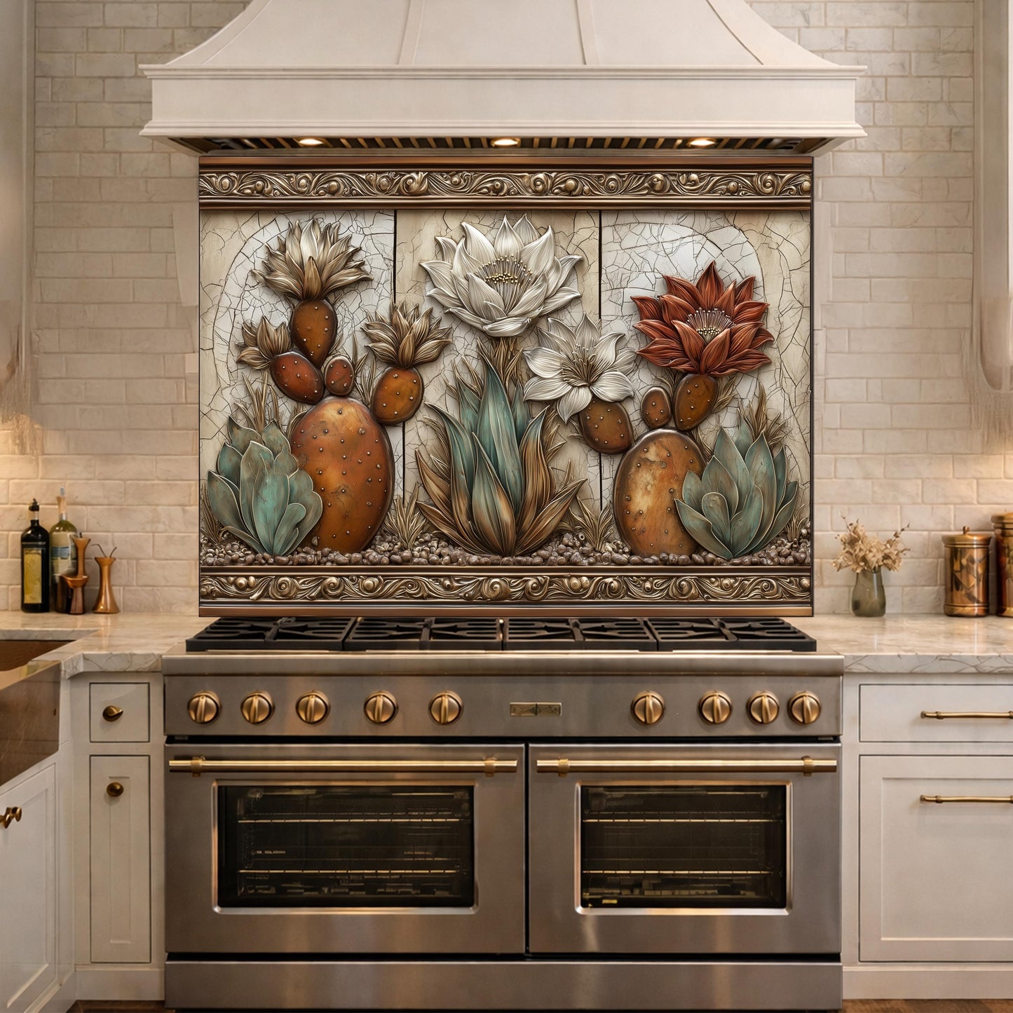 Desert Oasis Tempered Glass Backsplash, Copper Look Saguaro Cactus Wall Panel, Custom Size