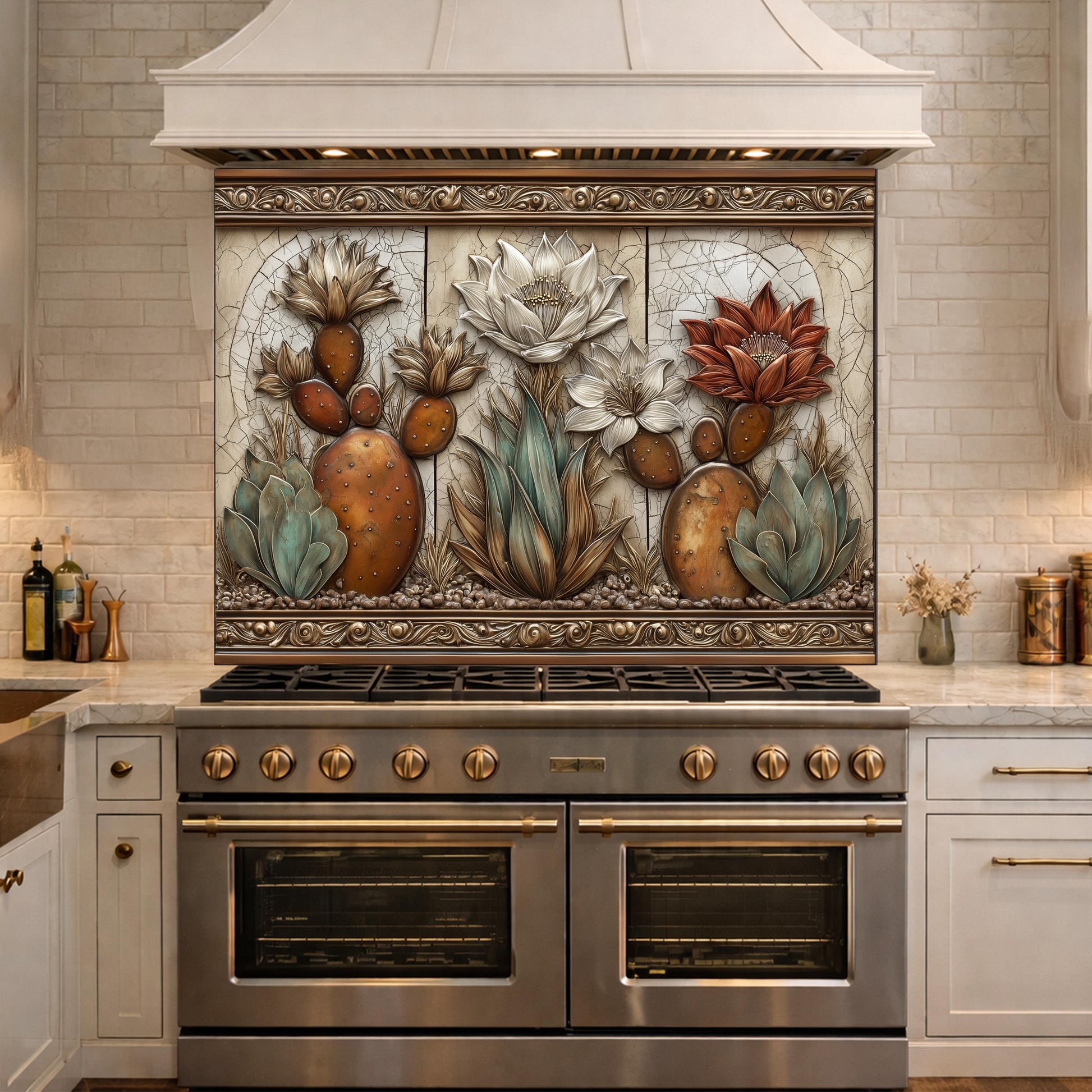 Desert Oasis Tempered Glass Backsplash, Copper Look Saguaro Cactus Wall Panel, Custom Size