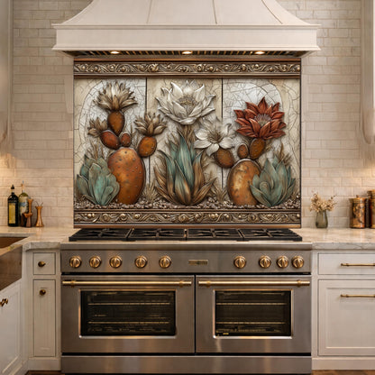 Desert Oasis Tempered Glass Backsplash, Copper Look Saguaro Cactus Wall Panel, Custom Size
