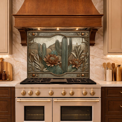 Desert Botanicals Tempered Glass Backsplash, Copper Look Cactus Floral Wall Panel, Custom Size
