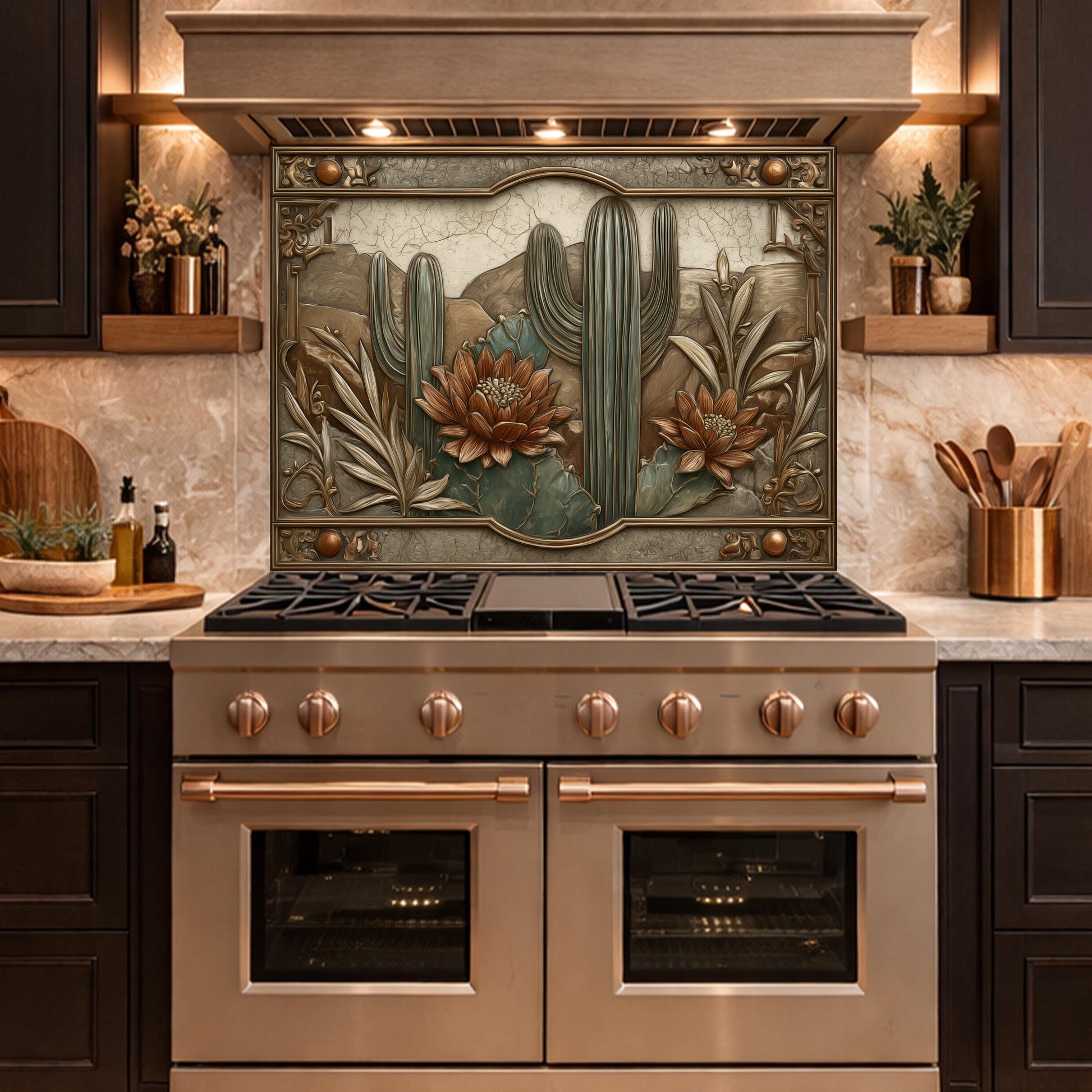 Desert Botanicals Tempered Glass Backsplash, Copper Look Cactus Floral Wall Panel, Custom Size