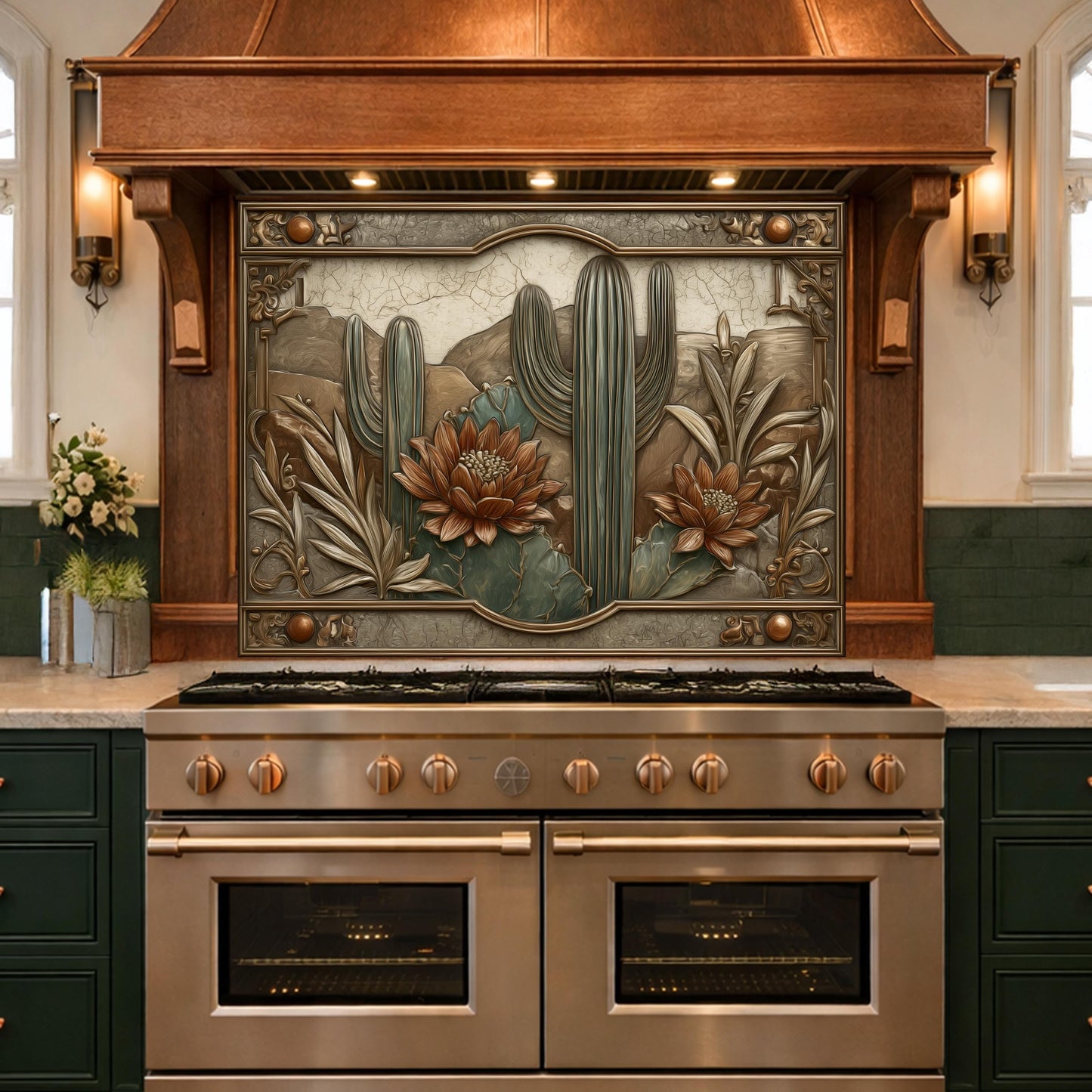 Desert Botanicals Tempered Glass Backsplash, Copper Look Cactus Floral Wall Panel, Custom Size