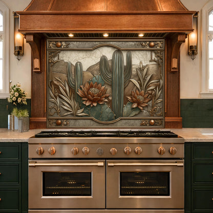 Desert Botanicals Tempered Glass Backsplash, Copper Look Cactus Floral Wall Panel, Custom Size