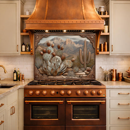 Desert Wilderness Tempered Glass Backsplash, Copper Look Cactus Mountain Wall Panel, Custom Size