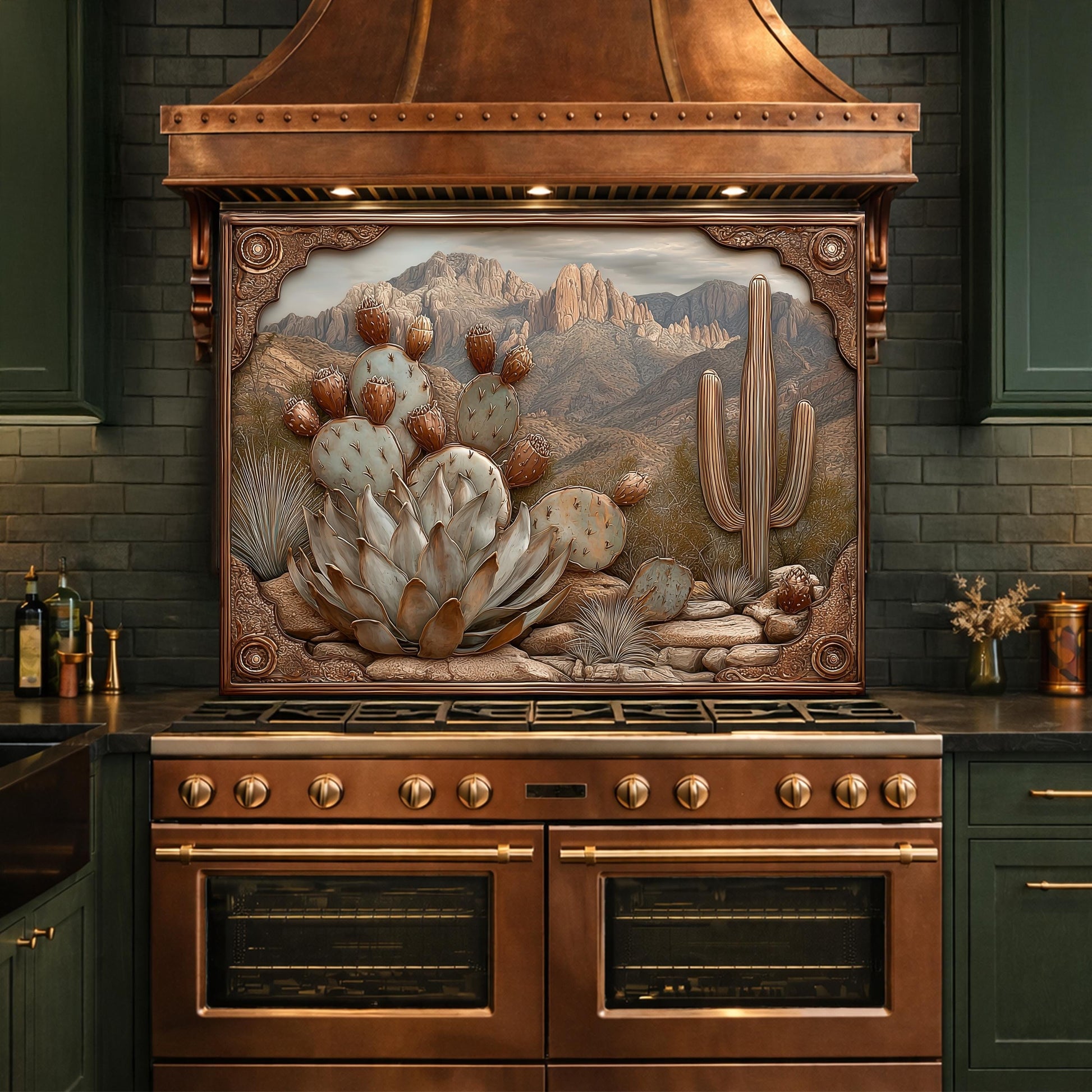 Desert Wilderness Tempered Glass Backsplash, Copper Look Cactus Mountain Wall Panel, Custom Size