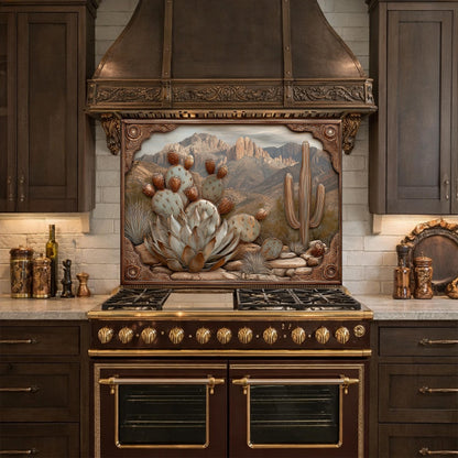 Desert Wilderness Tempered Glass Backsplash, Copper Look Cactus Mountain Wall Panel, Custom Size