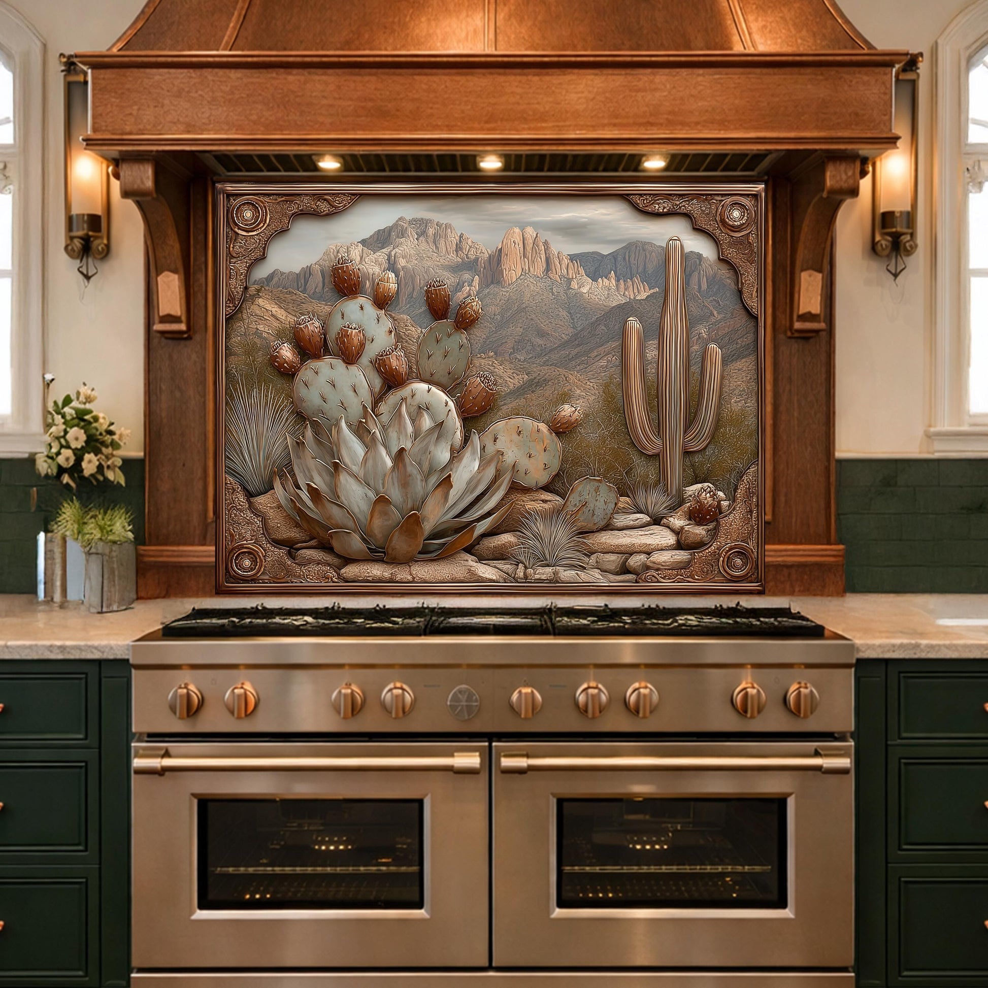 Desert Wilderness Tempered Glass Backsplash, Copper Look Cactus Mountain Wall Panel, Custom Size