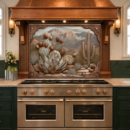 Desert Wilderness Tempered Glass Backsplash, Copper Look Cactus Mountain Wall Panel, Custom Size