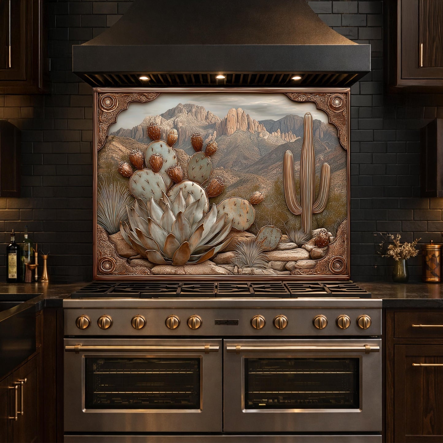 Desert Wilderness Tempered Glass Backsplash, Copper Look Cactus Mountain Wall Panel, Custom Size