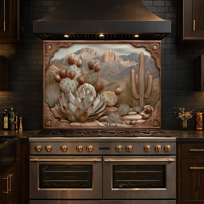 Desert Wilderness Tempered Glass Backsplash, Copper Look Cactus Mountain Wall Panel, Custom Size