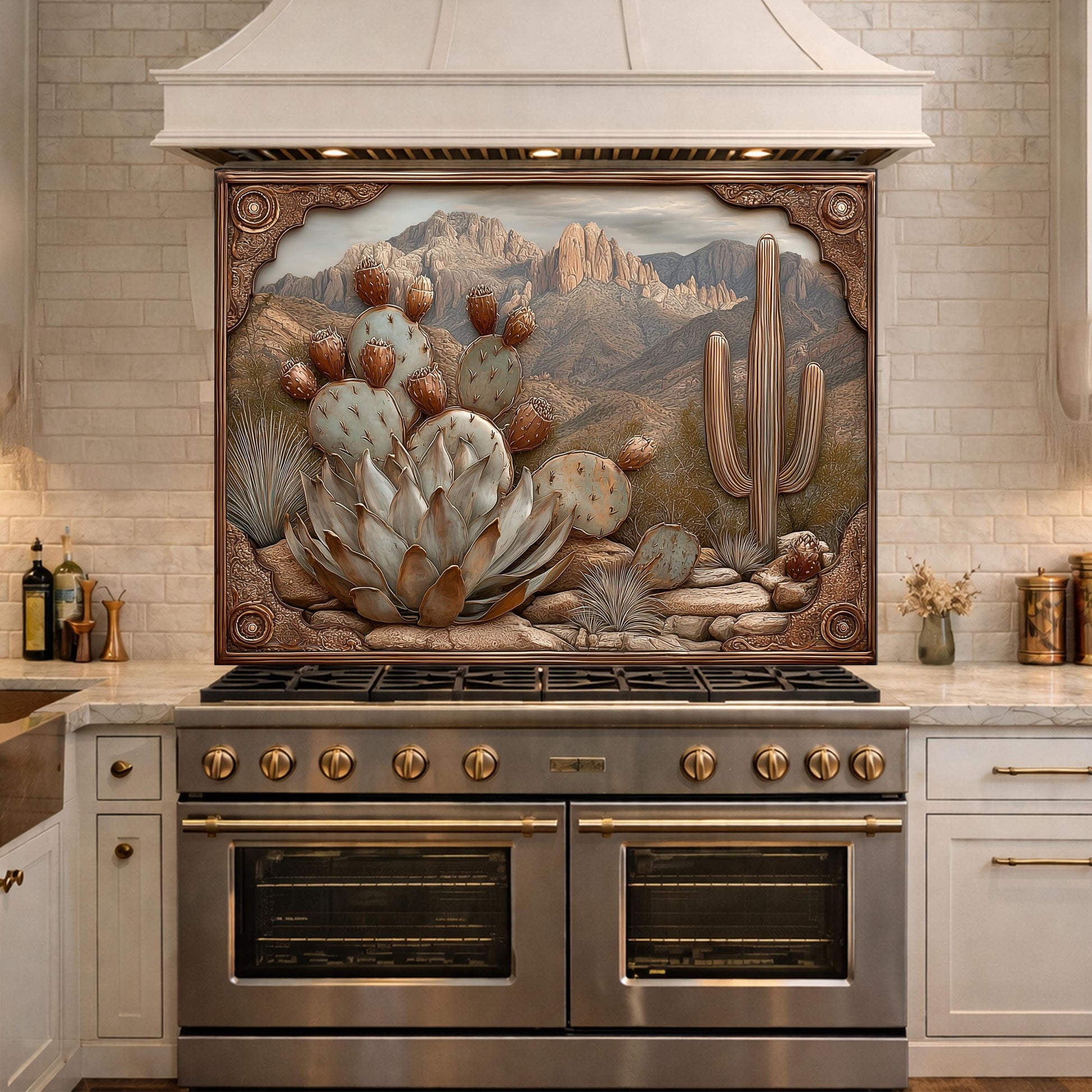 Desert Wilderness Tempered Glass Backsplash, Copper Look Cactus Mountain Wall Panel, Custom Size