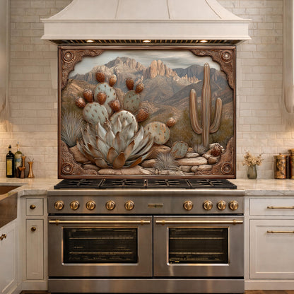 Desert Wilderness Tempered Glass Backsplash, Copper Look Cactus Mountain Wall Panel, Custom Size