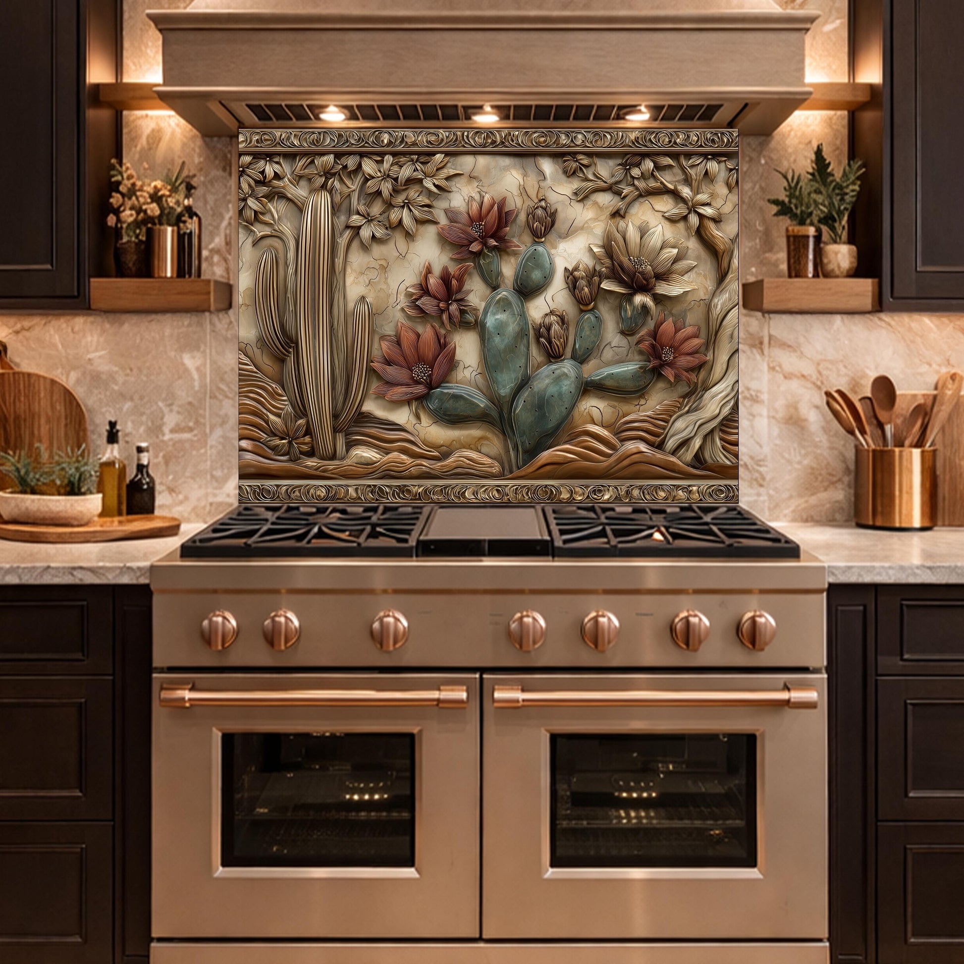 Desert Wilderness Tempered Glass Backsplash, Copper Look Cactus Mountain Wall Panel, Custom Size