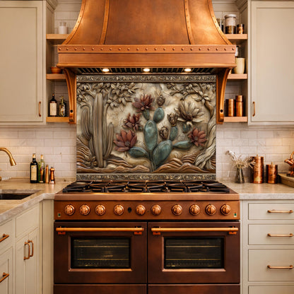 Desert Wilderness Tempered Glass Backsplash, Copper Look Cactus Mountain Wall Panel, Custom Size