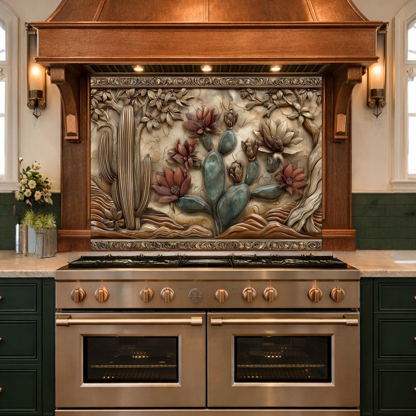 Desert Wilderness Tempered Glass Backsplash, Copper Look Cactus Mountain Wall Panel, Custom Size