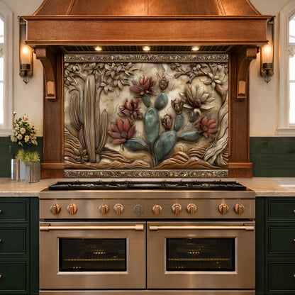 Desert Wilderness Tempered Glass Backsplash, Copper Look Cactus Mountain Wall Panel, Custom Size