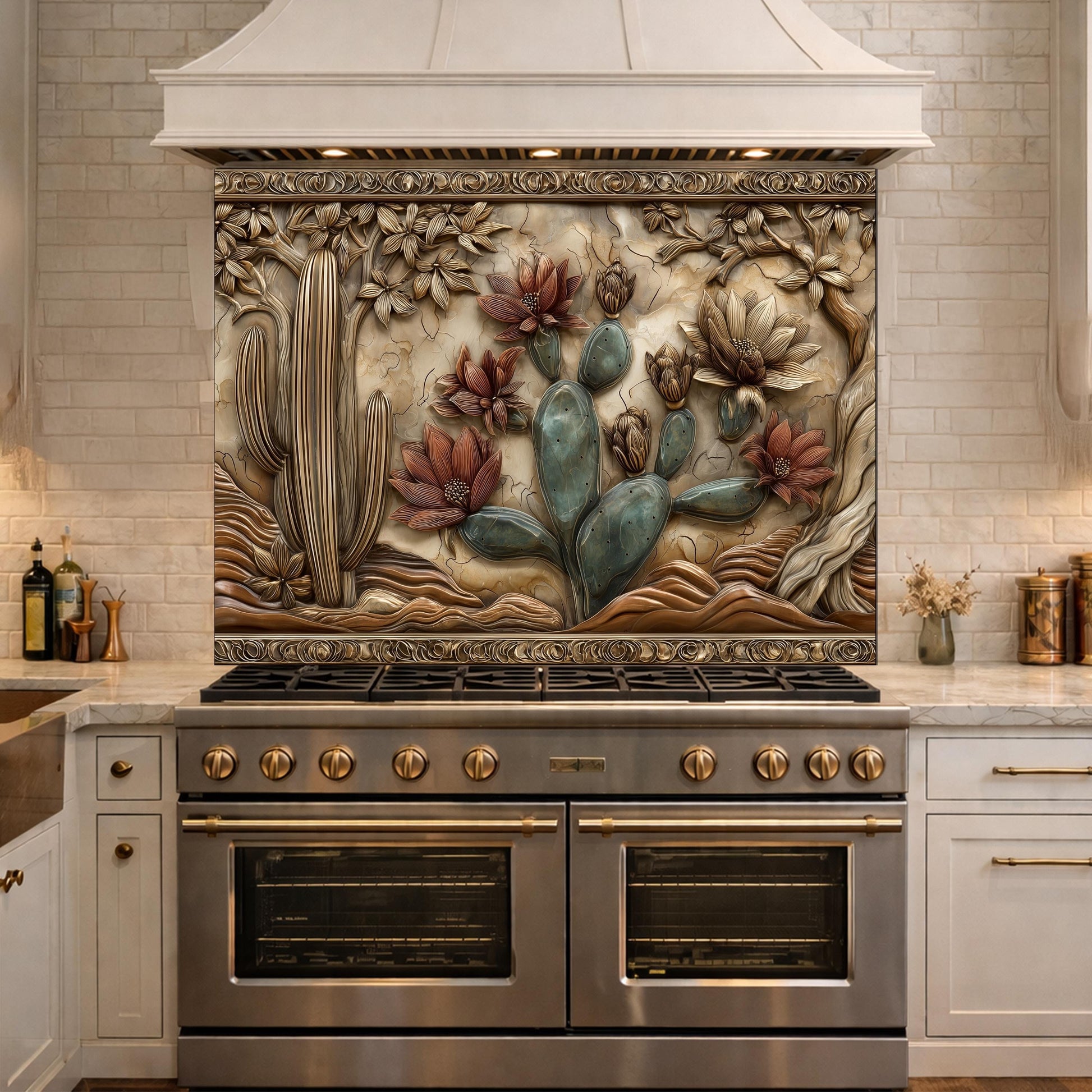 Desert Wilderness Tempered Glass Backsplash, Copper Look Cactus Mountain Wall Panel, Custom Size