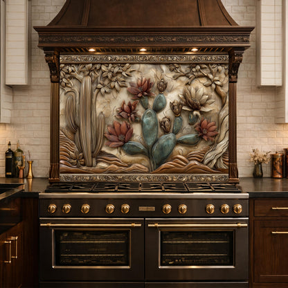 Desert Wilderness Tempered Glass Backsplash, Copper Look Cactus Mountain Wall Panel, Custom Size