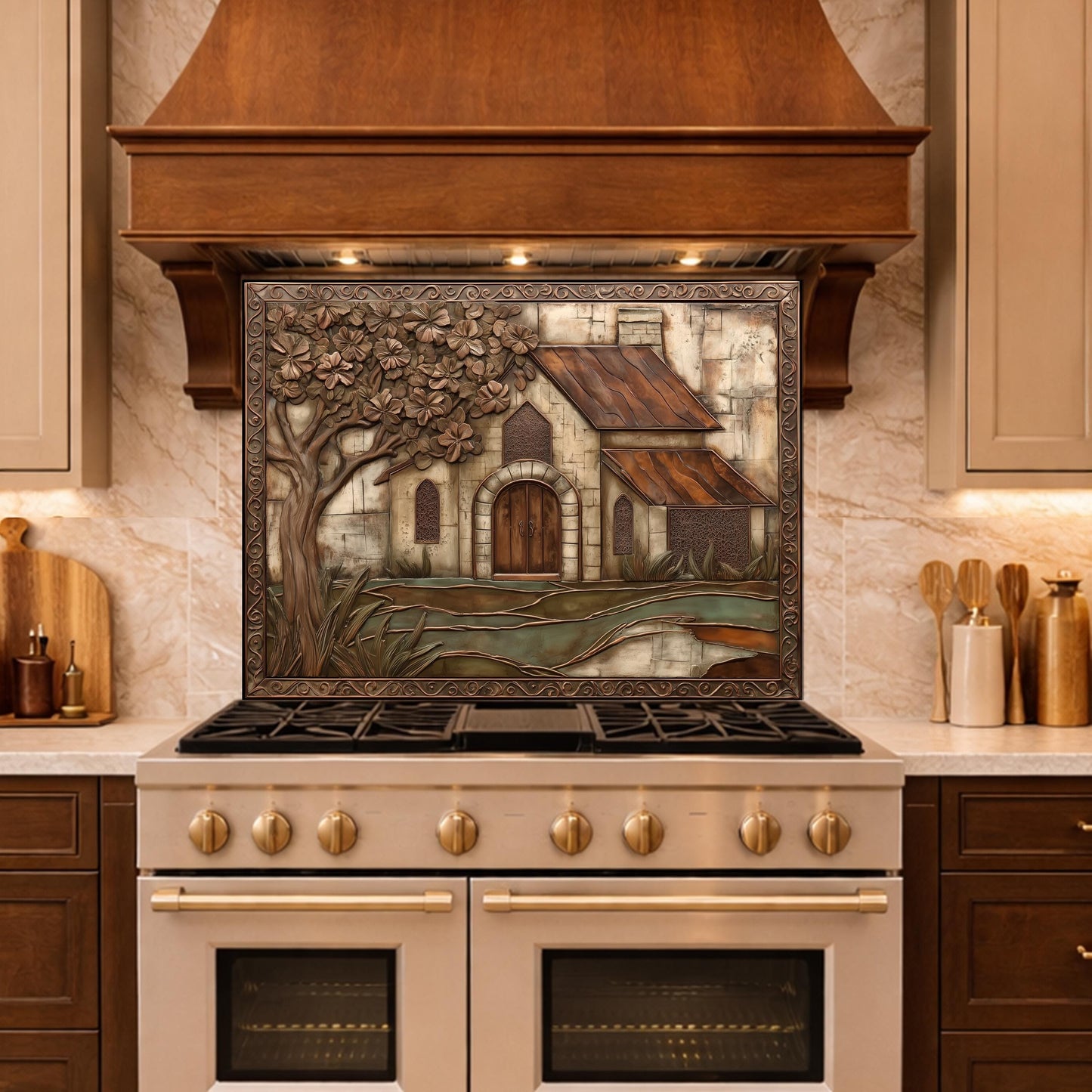 Vintage Cottage Tempered Glass Backsplash, Copper Look Farmhouse Wall Panel, Custom Size