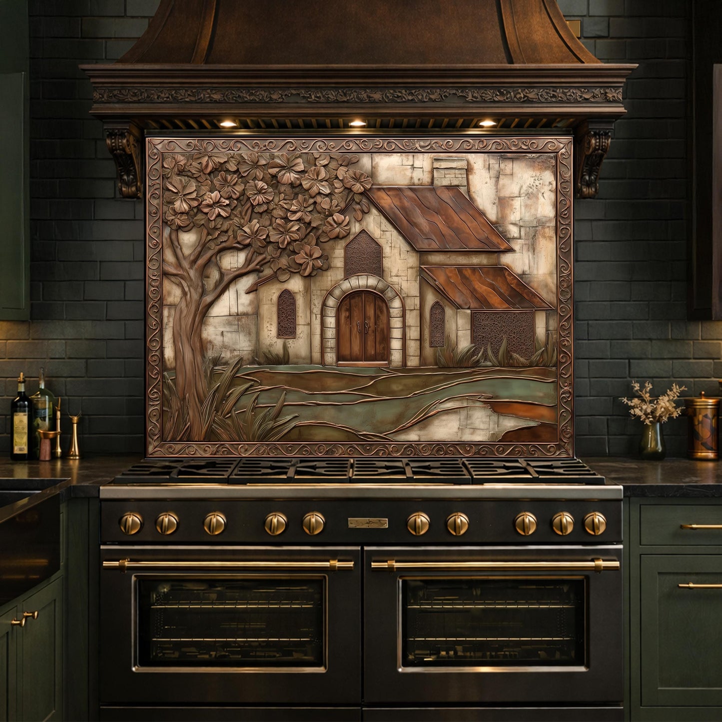 Vintage Cottage Tempered Glass Backsplash, Copper Look Farmhouse Wall Panel, Custom Size