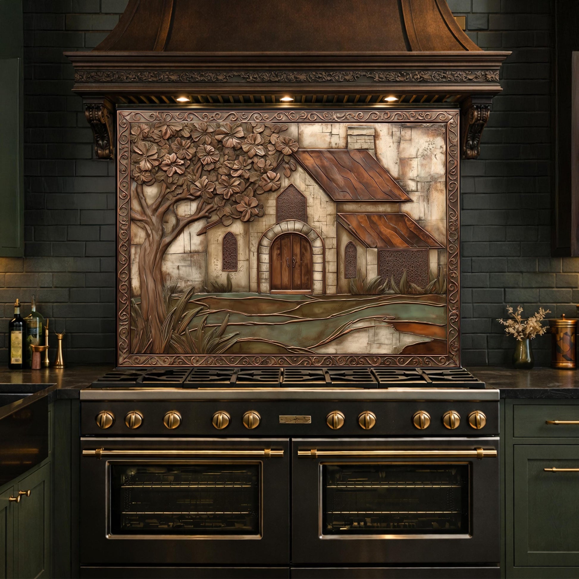 Vintage Cottage Tempered Glass Backsplash, Copper Look Farmhouse Wall Panel, Custom Size