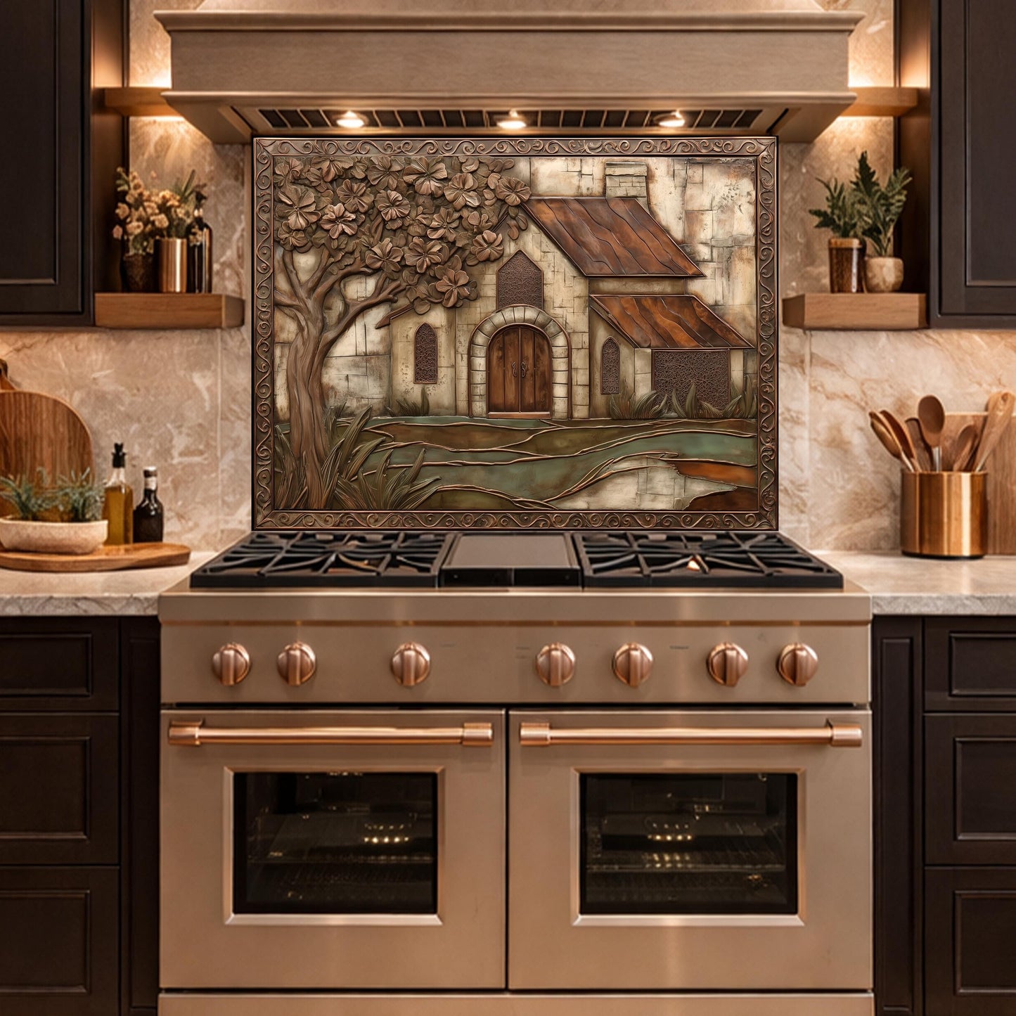 Vintage Cottage Tempered Glass Backsplash, Copper Look Farmhouse Wall Panel, Custom Size