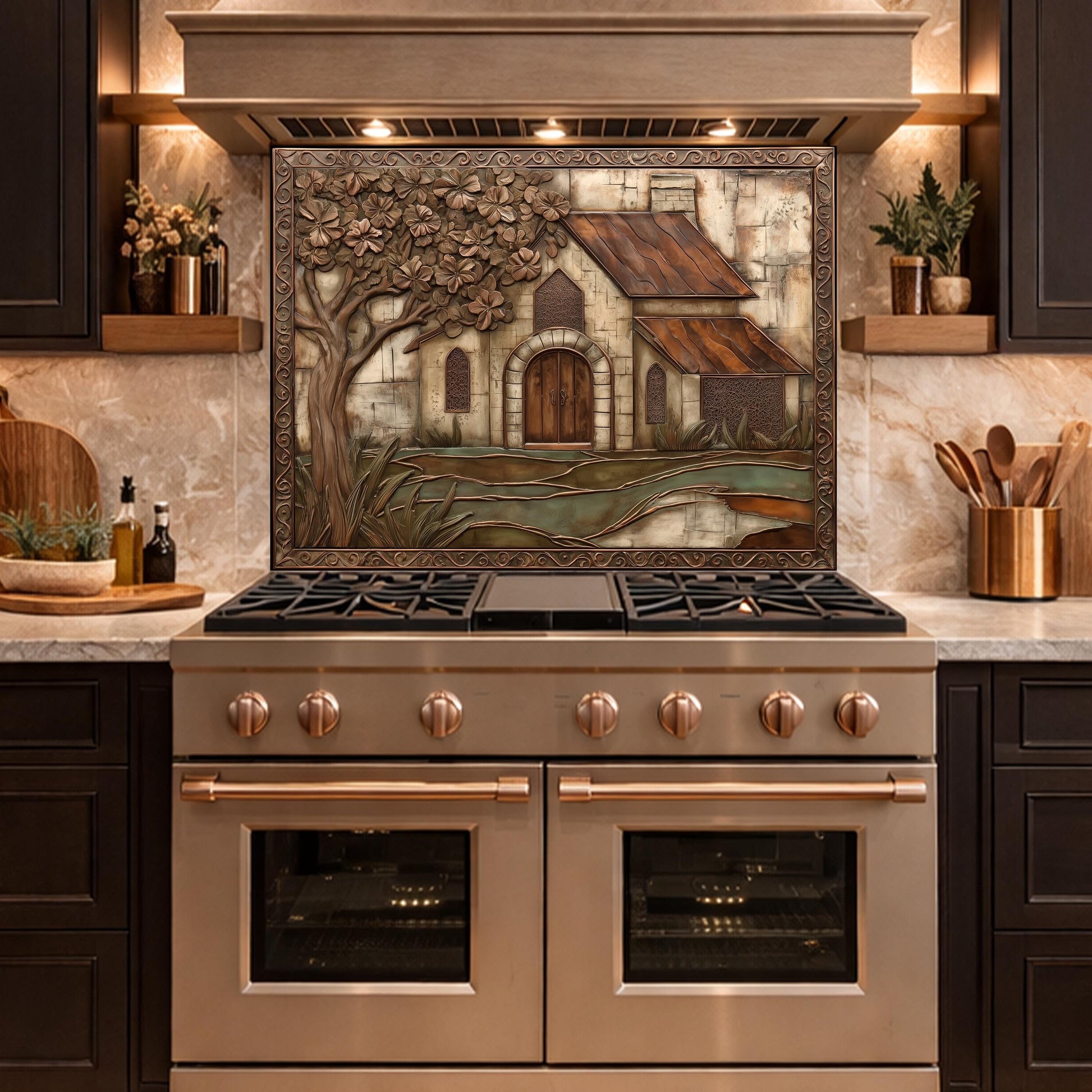 Vintage Cottage Tempered Glass Backsplash, Copper Look Farmhouse Wall Panel, Custom Size