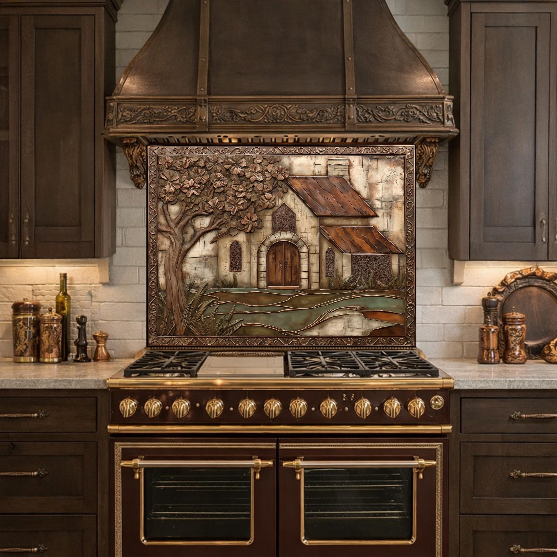 Vintage Cottage Tempered Glass Backsplash, Copper Look Farmhouse Wall Panel, Custom Size