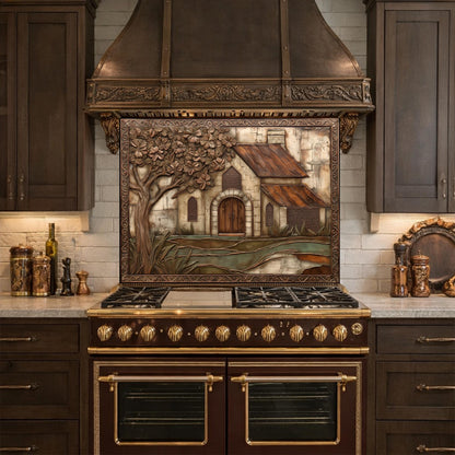 Vintage Cottage Tempered Glass Backsplash, Copper Look Farmhouse Wall Panel, Custom Size