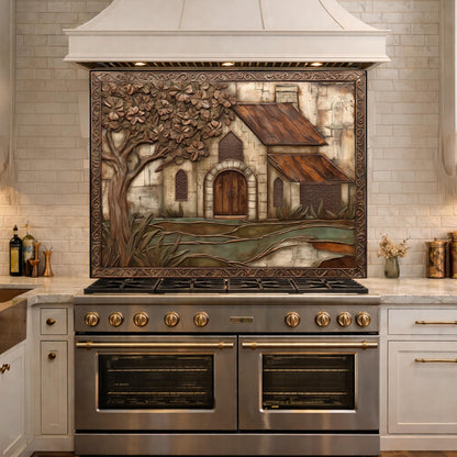 Vintage Cottage Tempered Glass Backsplash, Copper Look Farmhouse Wall Panel, Custom Size