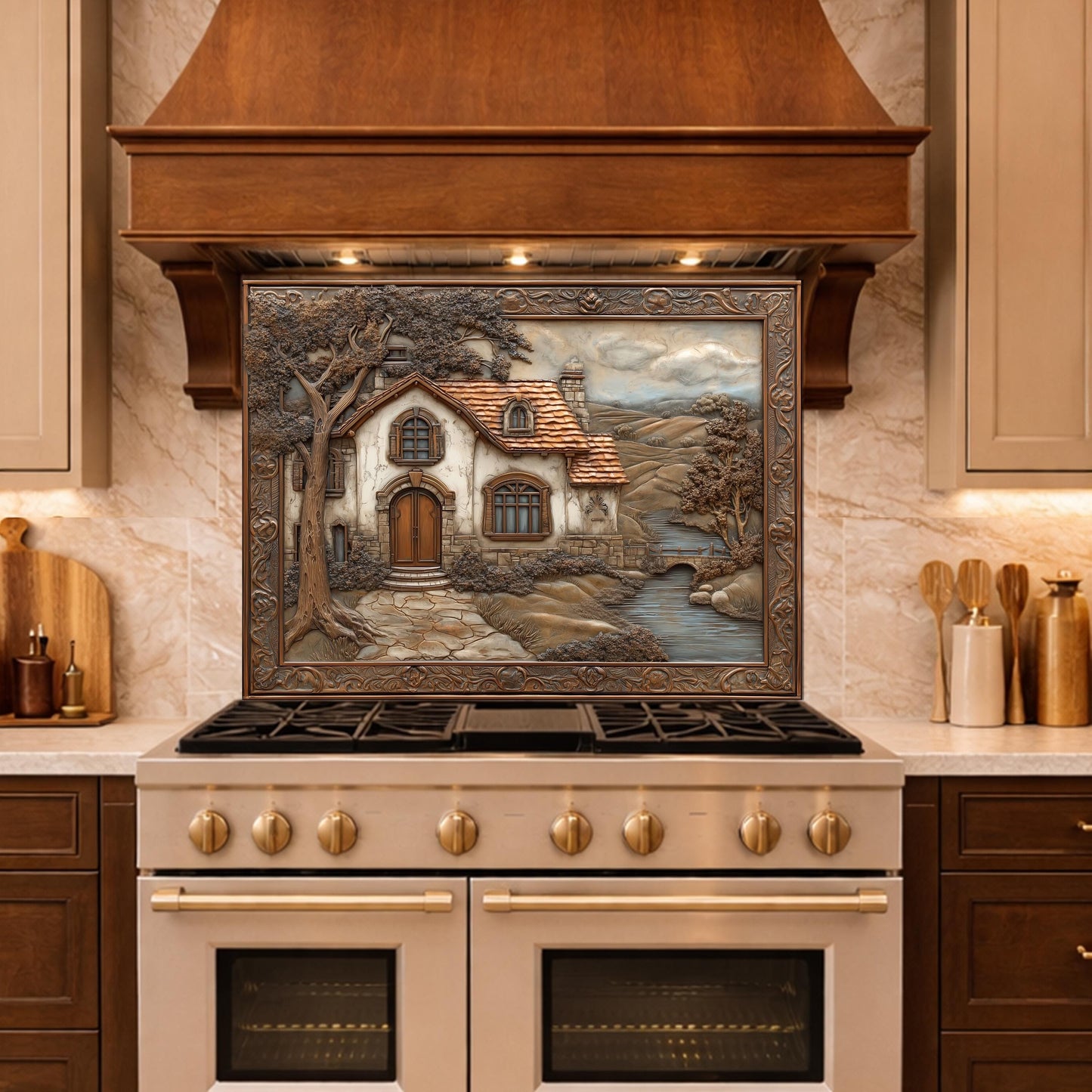 Rustic Farmhouse Tempered Glass Backsplash, Copper Look Country Cottage Wall Panel, Custom Size