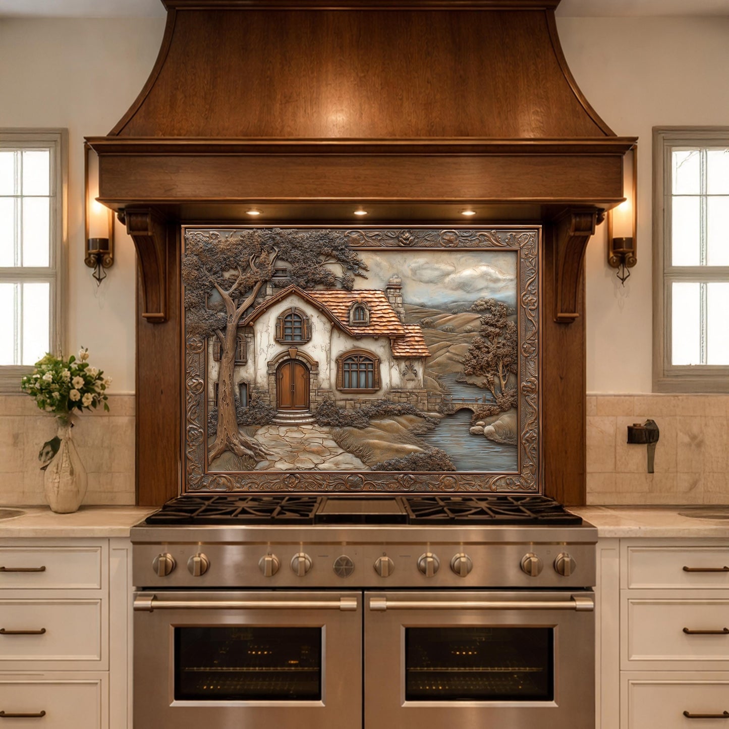Rustic Farmhouse Tempered Glass Backsplash, Copper Look Country Cottage Wall Panel, Custom Size