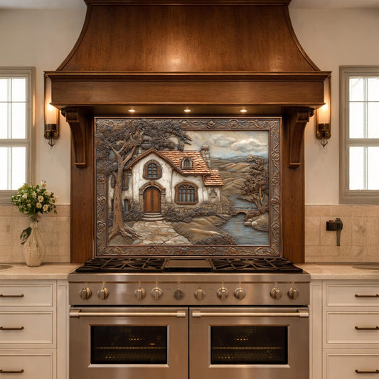 Rustic Farmhouse Tempered Glass Backsplash, Copper Look Country Cottage Wall Panel, Custom Size
