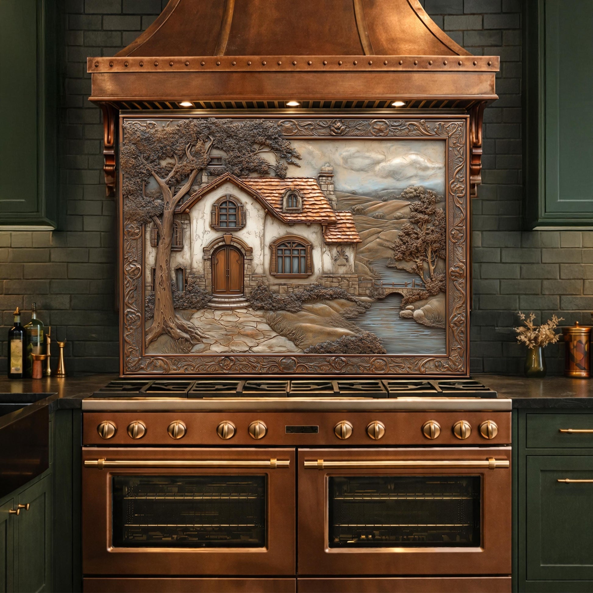 Rustic Farmhouse Tempered Glass Backsplash, Copper Look Country Cottage Wall Panel, Custom Size