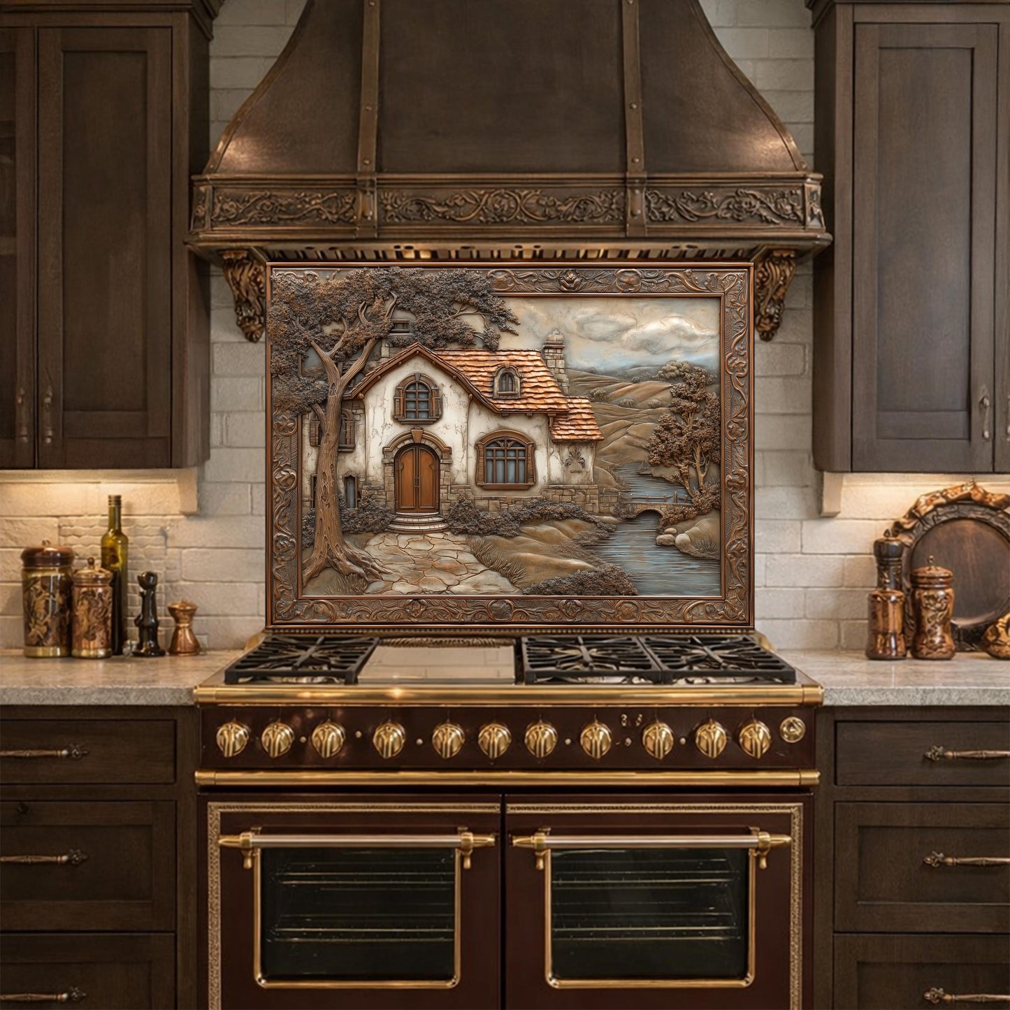 Rustic Farmhouse Tempered Glass Backsplash, Copper Look Country Cottage Wall Panel, Custom Size