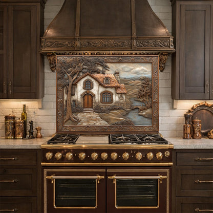 Rustic Farmhouse Tempered Glass Backsplash, Copper Look Country Cottage Wall Panel, Custom Size