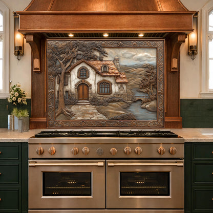 Rustic Farmhouse Tempered Glass Backsplash, Copper Look Country Cottage Wall Panel, Custom Size