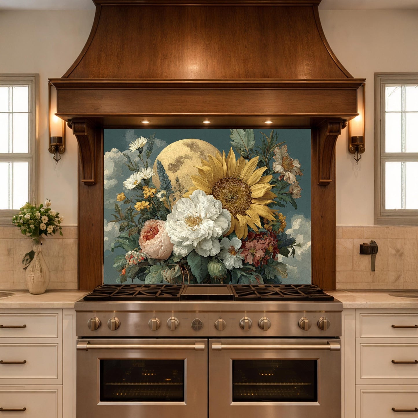Moonlit Sunflower Tempered Glass Backsplash, Floral Bouquet with Peony and Rose Wall Panel