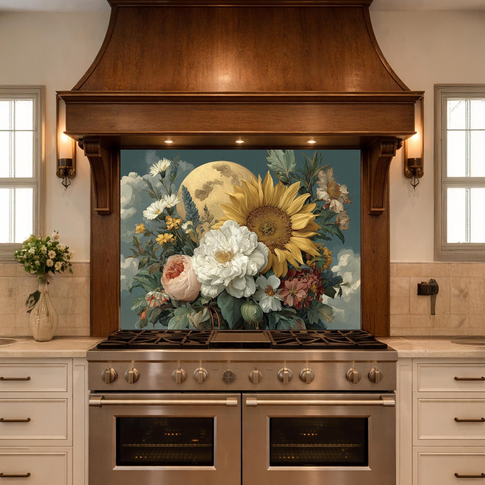 Moonlit Sunflower Tempered Glass Backsplash, Floral Bouquet with Peony and Rose Wall Panel