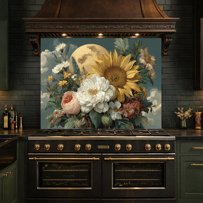 Moonlit Sunflower Tempered Glass Backsplash, Floral Bouquet with Peony and Rose Wall Panel