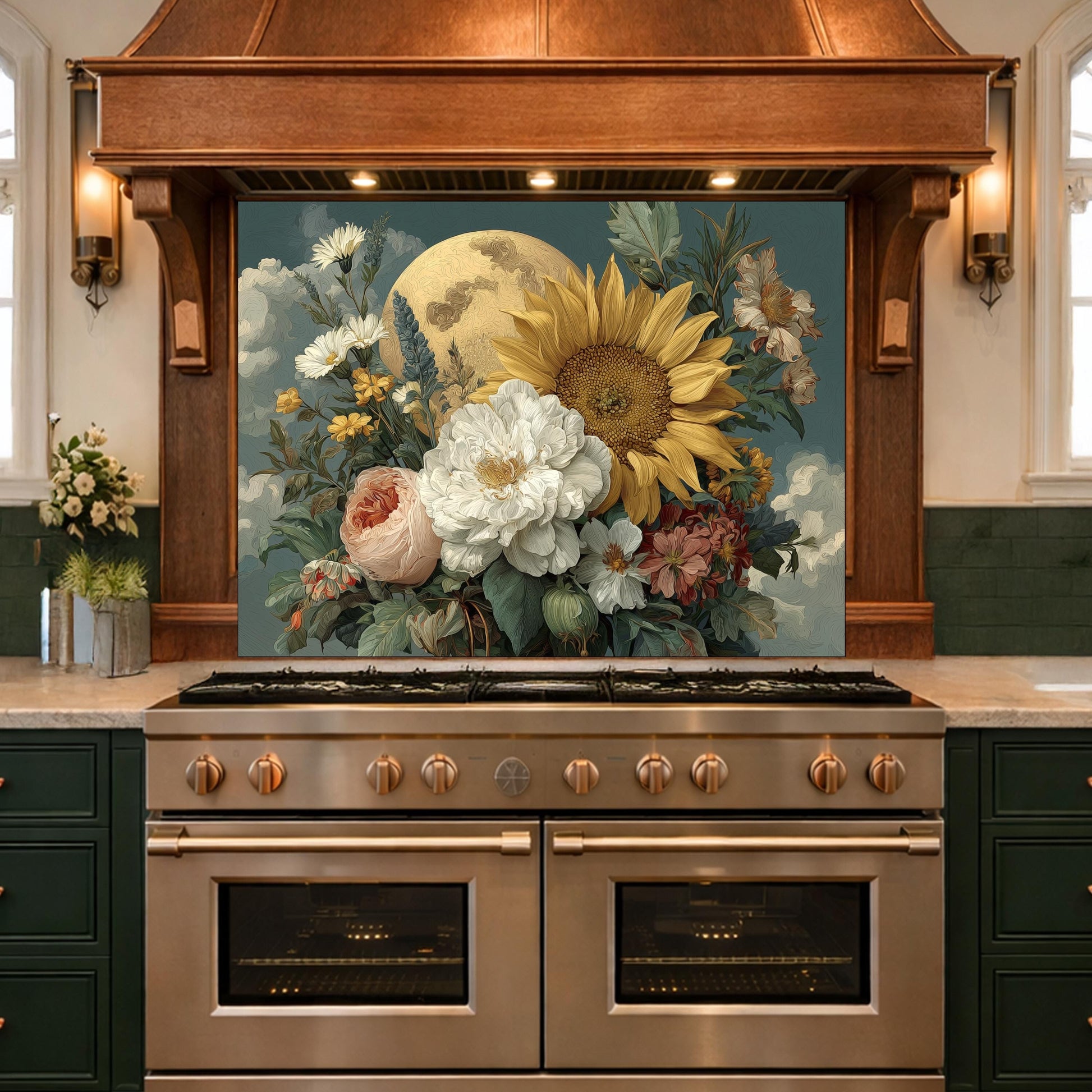 Moonlit Sunflower Tempered Glass Backsplash, Floral Bouquet with Peony and Rose Wall Panel
