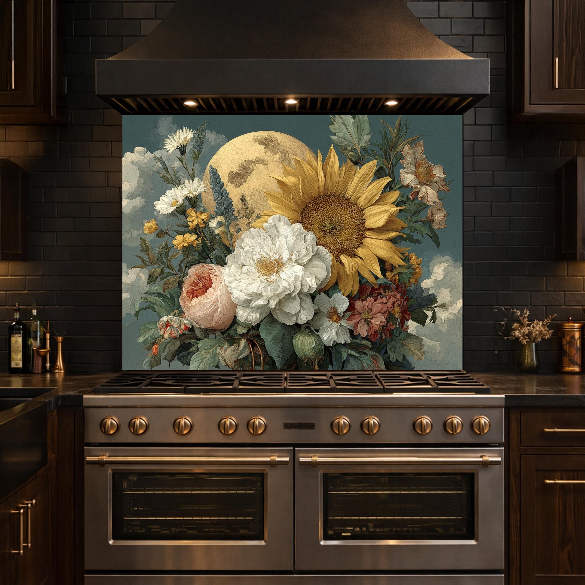 Moonlit Sunflower Tempered Glass Backsplash, Floral Bouquet with Peony and Rose Wall Panel