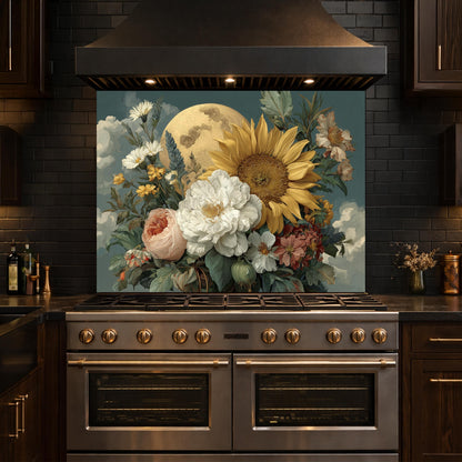 Moonlit Sunflower Tempered Glass Backsplash, Floral Bouquet with Peony and Rose Wall Panel
