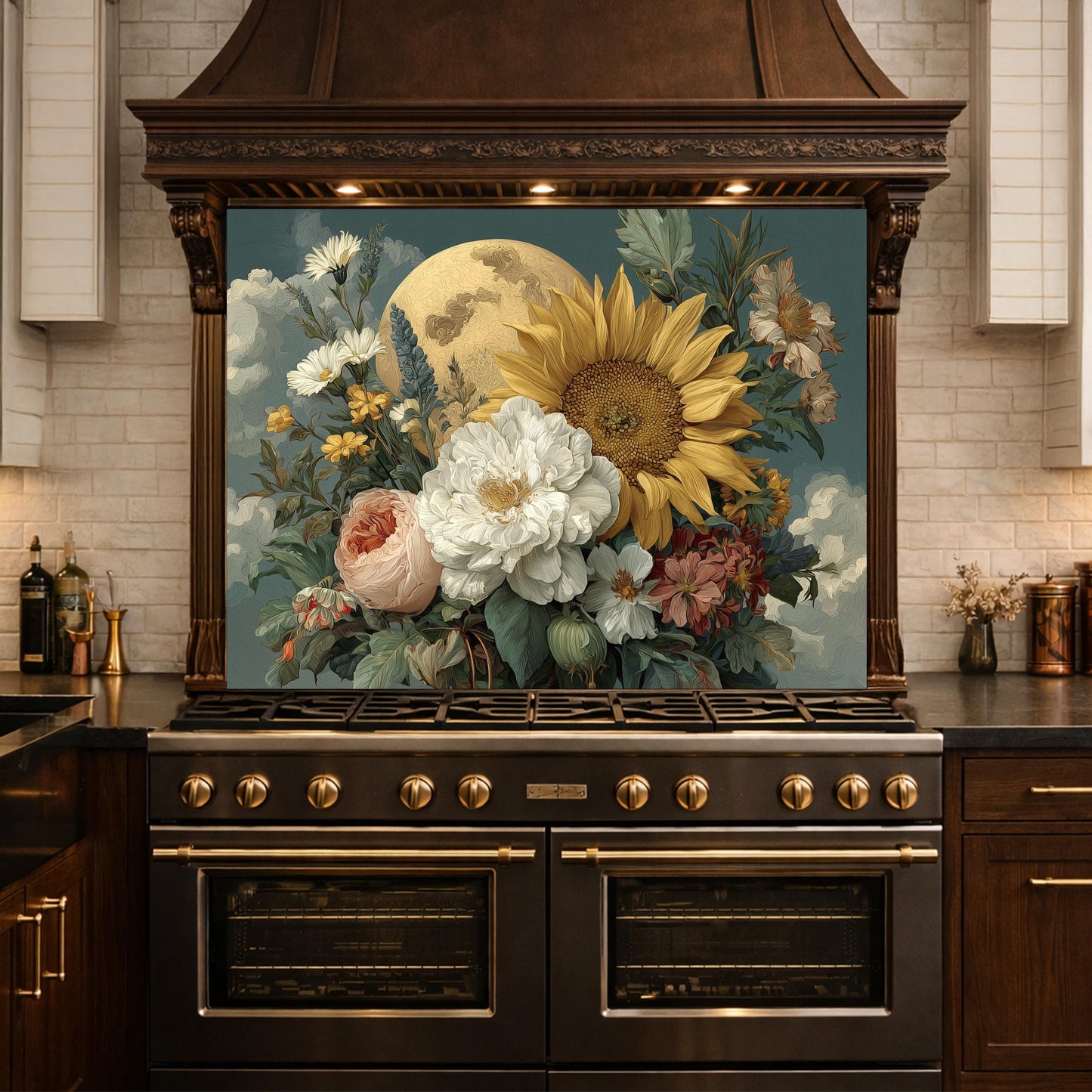 Moonlit Sunflower Tempered Glass Backsplash, Floral Bouquet with Peony and Rose Wall Panel
