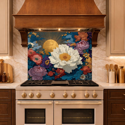 Moonlit Peony Garden Tempered Glass Backsplash, Floral Bouquet with Roses Wall Panel, Custom Size