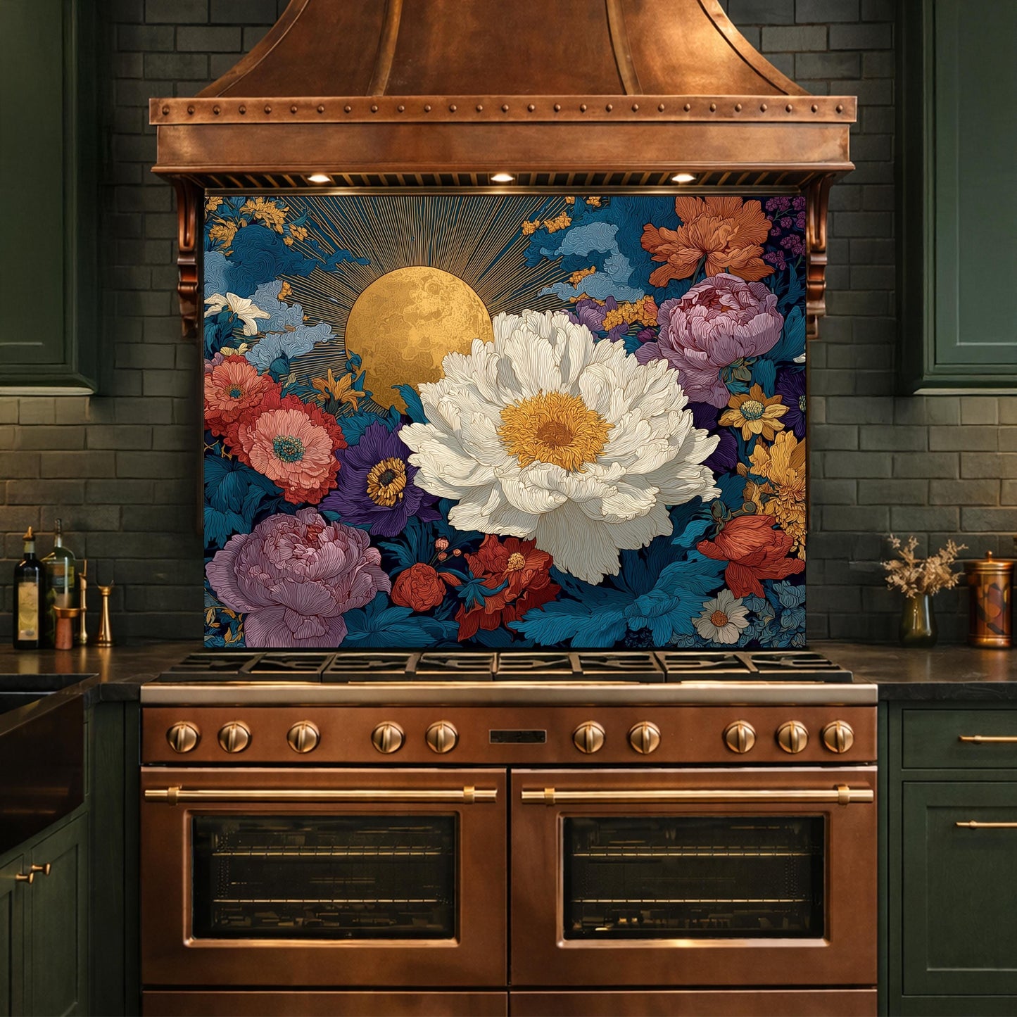 Moonlit Peony Garden Tempered Glass Backsplash, Floral Bouquet with Roses Wall Panel, Custom Size