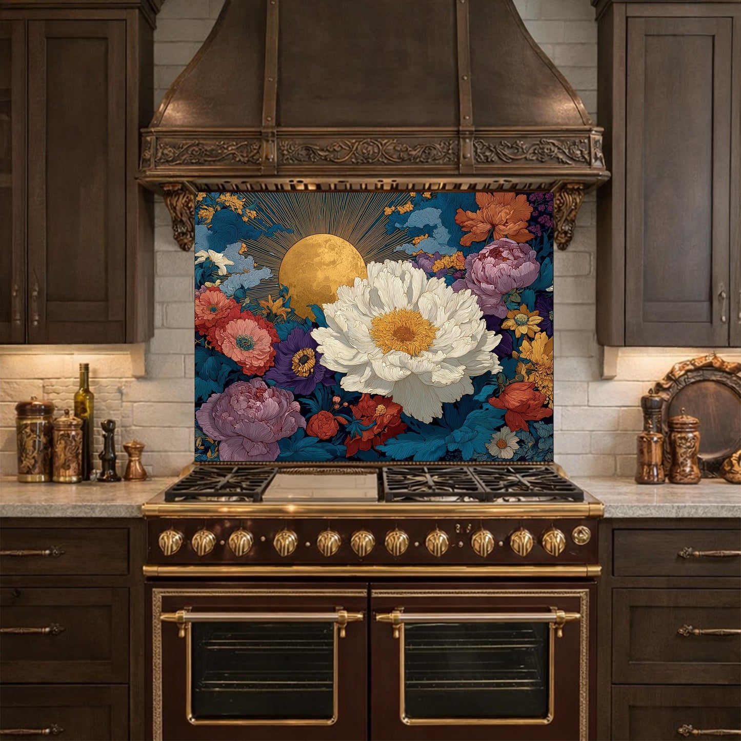 Moonlit Peony Garden Tempered Glass Backsplash, Floral Bouquet with Roses Wall Panel, Custom Size