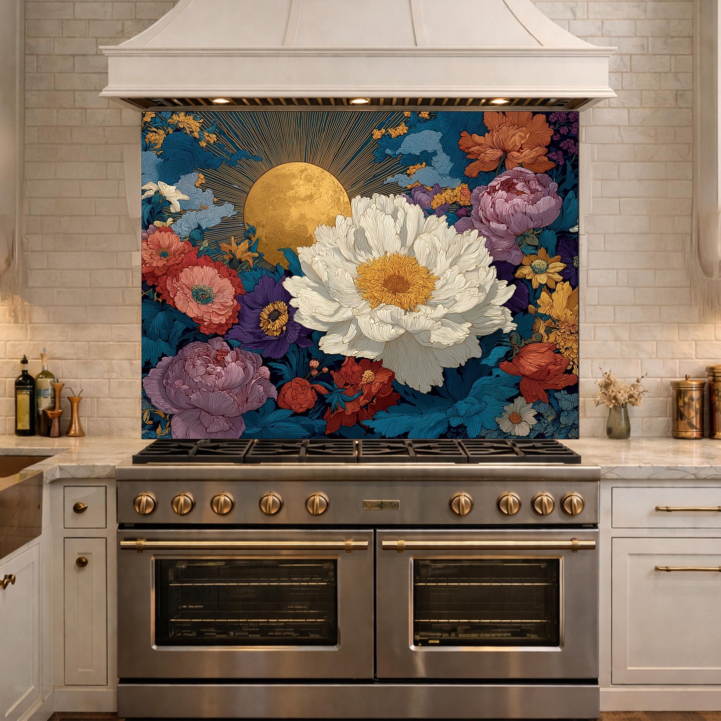 Moonlit Peony Garden Tempered Glass Backsplash, Floral Bouquet with Roses Wall Panel, Custom Size