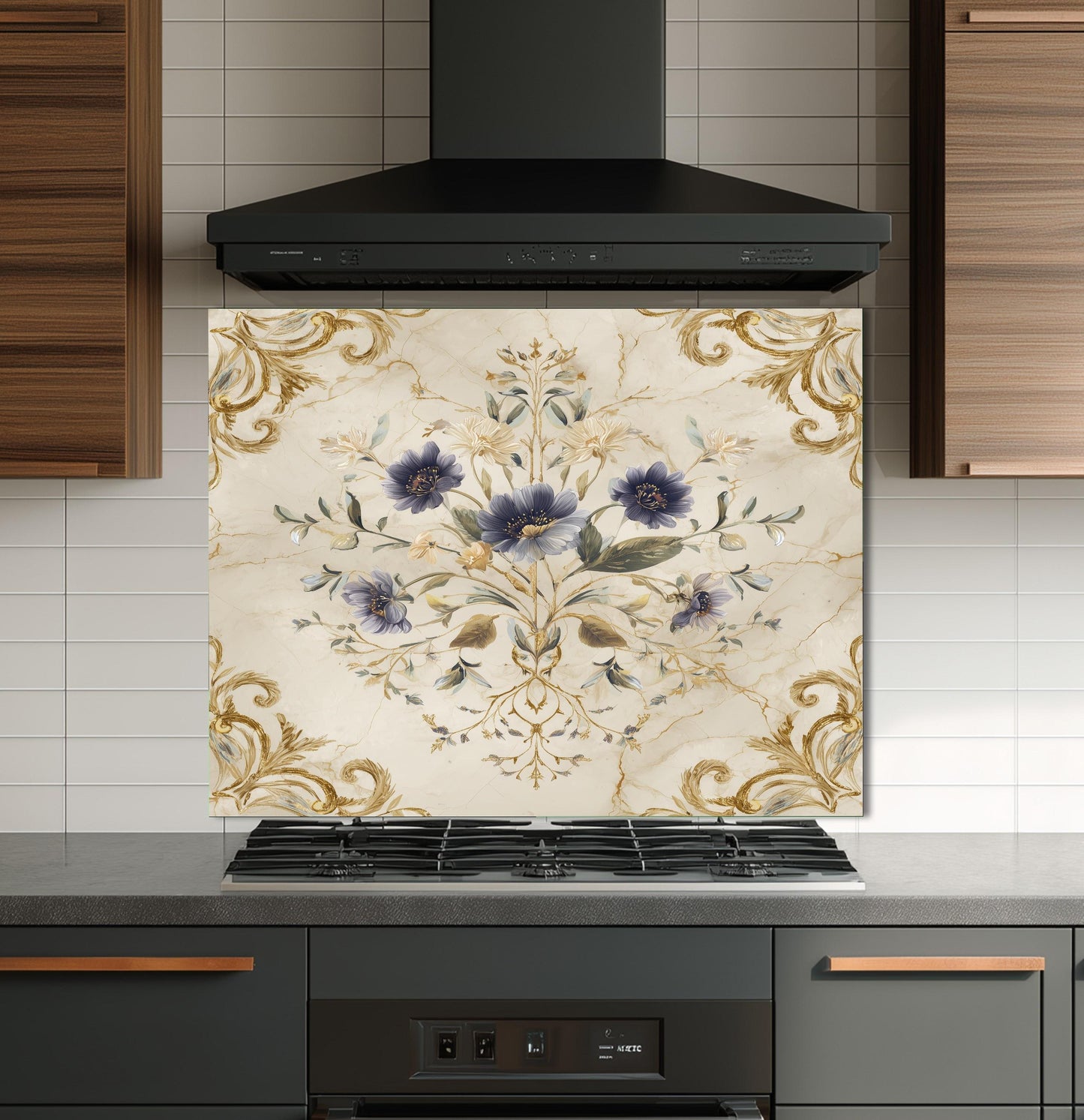 Blue Floral Damask Backsplash, Gold Varak Marble Stove Guard, Custom Size Glass Art